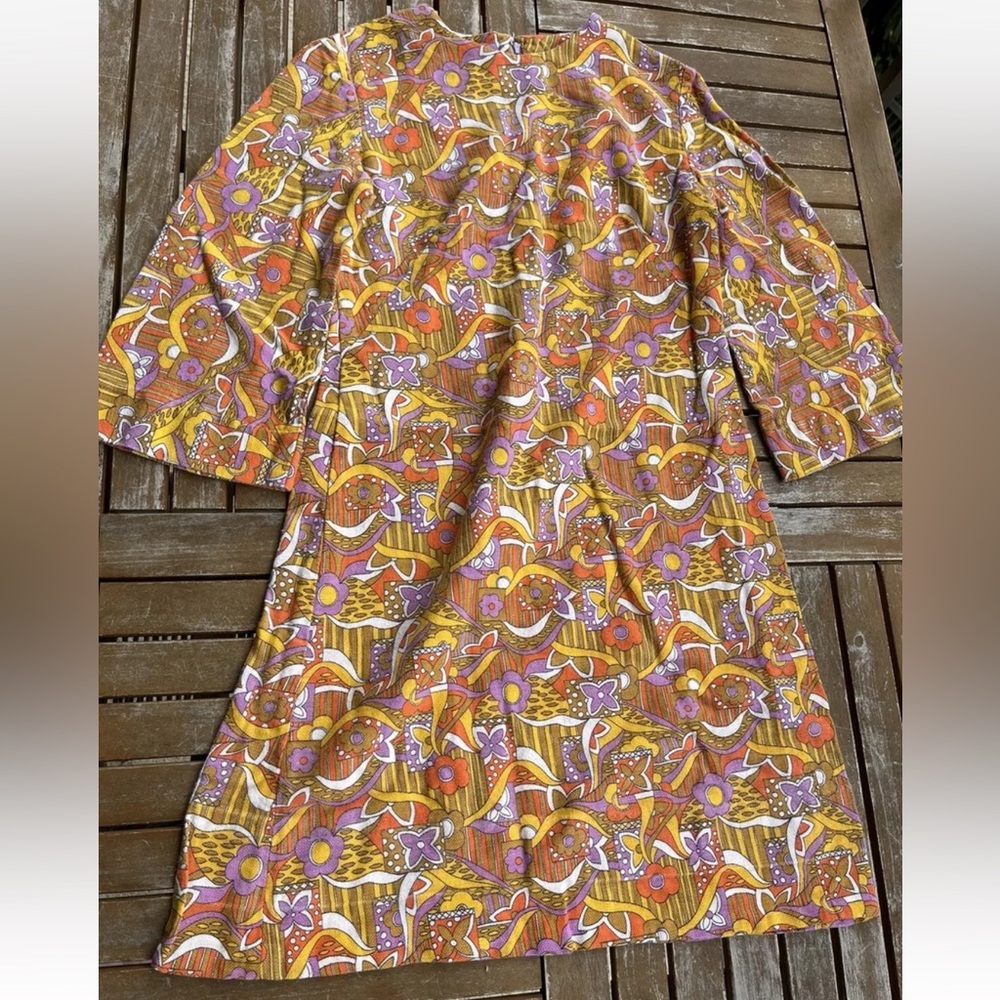 Mod Floral Mini Dress Tunic XS S Orange Purple Yellow Gold Vintage 60s Handmade